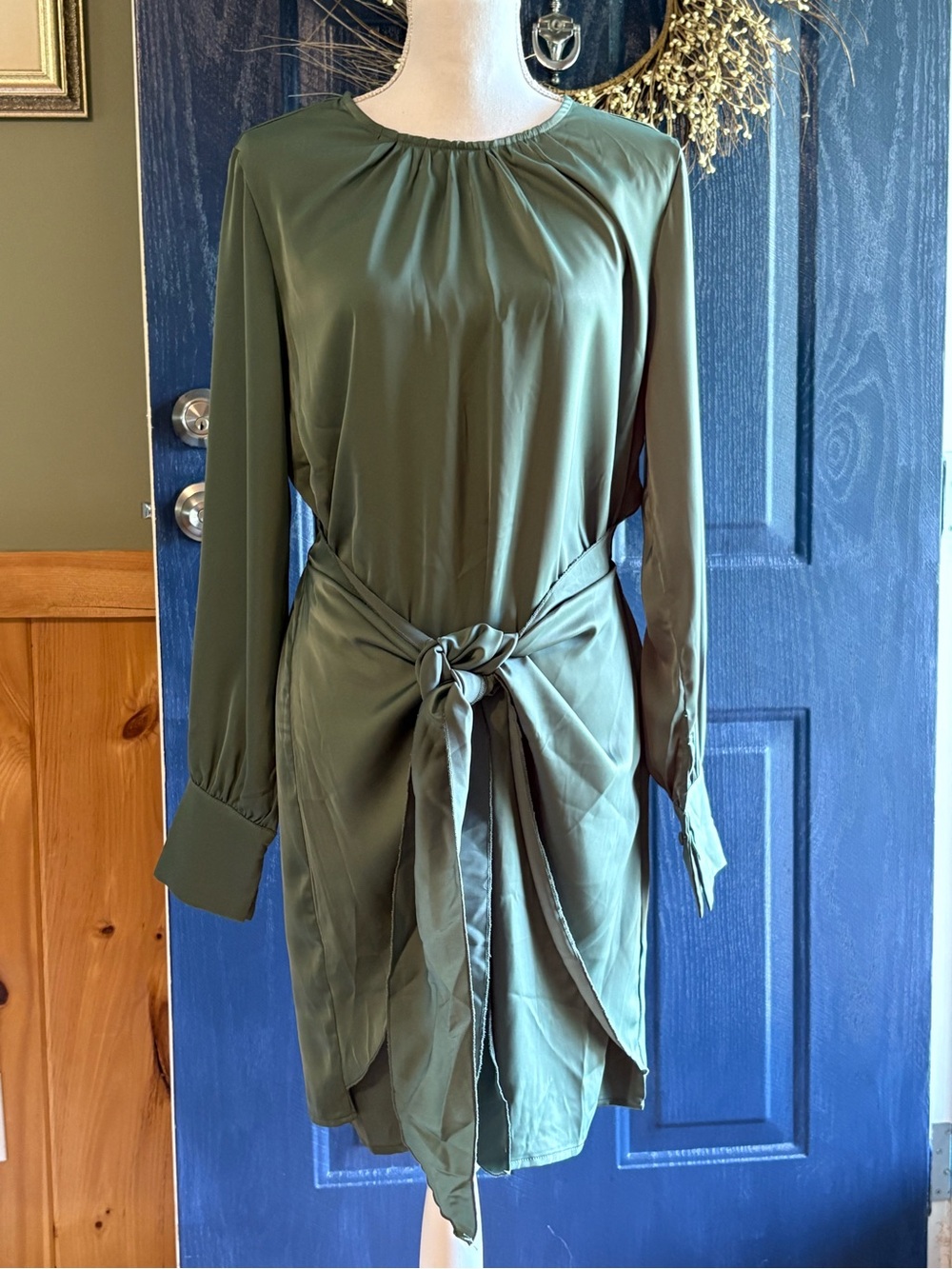 PrettyGarden | Dresses | Prettygarden Olive Green Satin Longsleeve Mini Dress With A Tie Waist Detail Lg